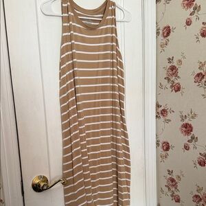 🤎 Time and Tru Tan and White Striped Midi Dress Sz XL NEW